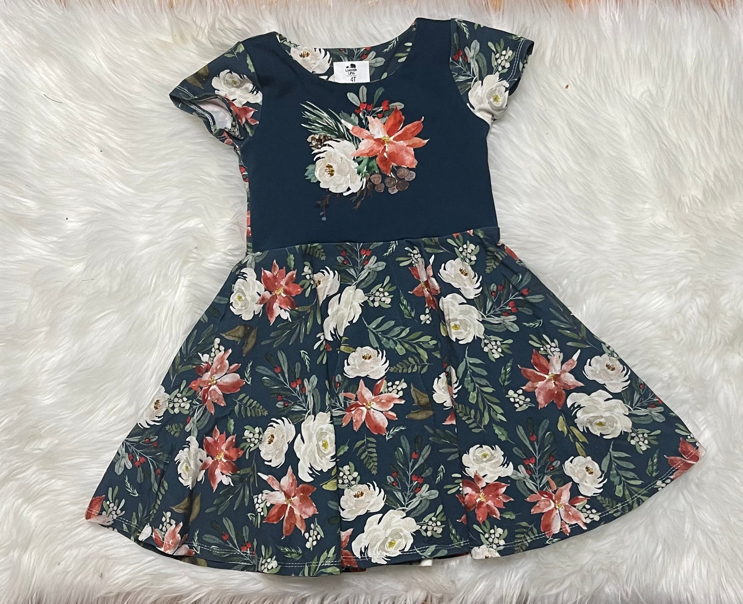 Navy Christmas floral twirl dress