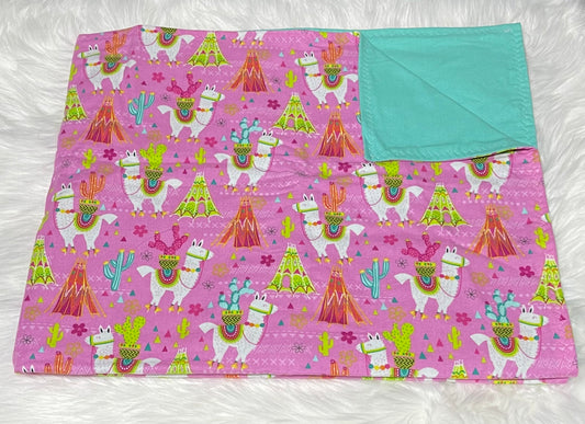 Pink and green llama toddler blanket